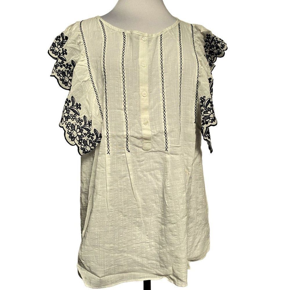MAX STUDIO White Embroidered Flutter Sleeve Peasant Blouse Pullover 1X NEW